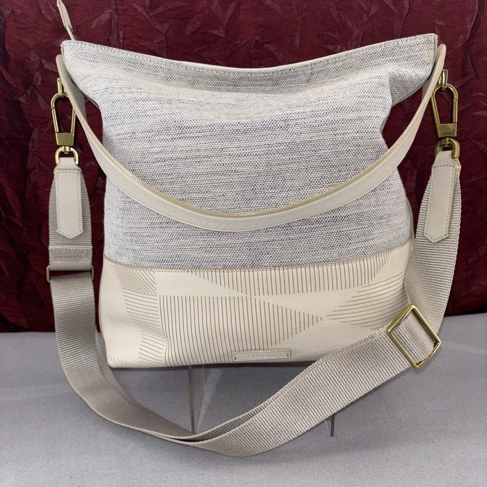 Fossil Maya Collection Hobo Cream & Blue Leather Canvas Adjustable Crossbody EUC